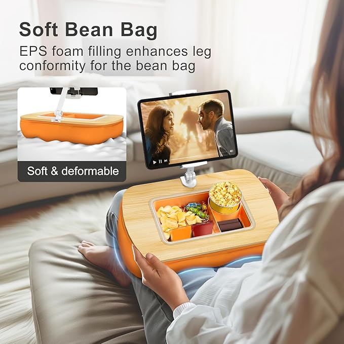 Tablet Pillow Stand for Lap Use with Snack Bowl and 360° Rotating Arm, Adjustable iPad Holder for Bed, Couch, and Recliner, Compatible with 4.7"-13" Kindle, iPad, Tablet, Phone,Orange