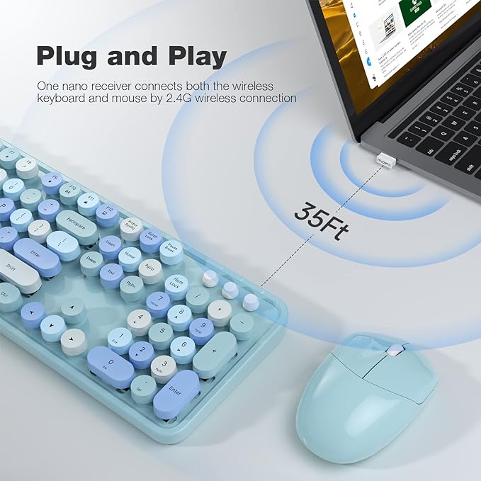 MOFII Wireless Keyboard and Mouse Combo, Blue Colorful Round Key Typewriter Keyboards, 2.4GHz Full Size Keyboard Computer Mice, USB Receiver Plug and Play, for Laptop, PC, Chromebook, Smart TV