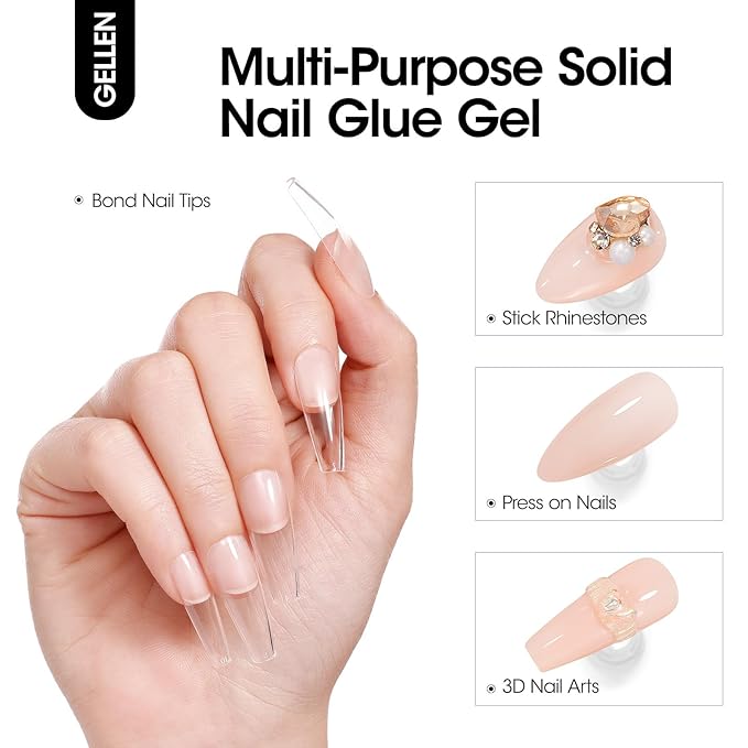 Gellen Solid Gel Nail Glue with 60ml Nail Glue Remover Set, 15g Solid Nail Gel for False Nail Tips & Press On Nails