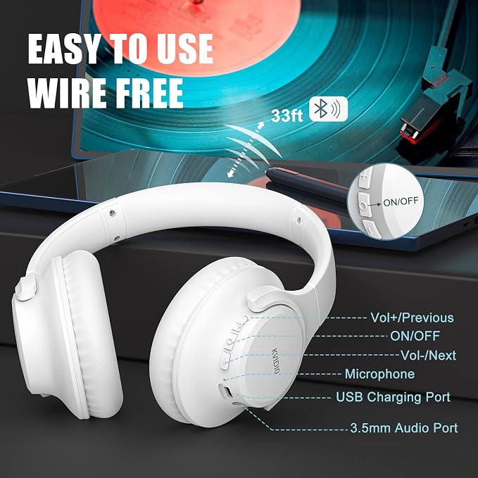 KVIDIO Bluetooth Headphones Wireless Over Ear Headsets 65H Playtime | Deep Bass, HiFi Stereo, Bluetooth 6.0, Microphone, Comfortable Fit, Foldable, Lightweight, Low Latency for Travel Home Office