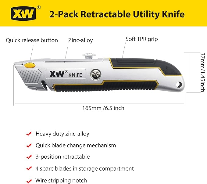XW Retractable Utility Knife, Heavy Duty Zinc Alloy Box Cutter with Total 10 PCS Blades, 2-Pack