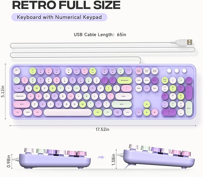 Computer Keyboard Wired, Plug and Play USB Retro Round Typewriter Keyboard, Full Size Wired Keyboard with Foldable Stands for Laptop and Office PC