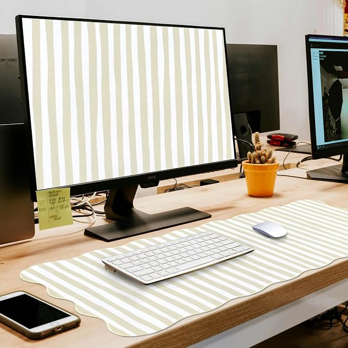 L-SPOUTTO Beige Striped Mouse Pad,Scalloped Desk Mat XXL Large Geometric Gaming Mousepad,35.4x15.7in Non-Slip Rubber Base Keyboard Pad Waterproof Desktop Mat for Laptop Computer Game Home Office