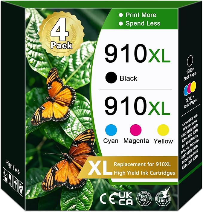 910XL Ink Cartridges Combo Pack 4-Pack Replacement for HP Ink 910 XL | High-Yield 910 Black Color Ink Cartridges for OfficeJet Pro 8010 8012 8018 8020 8022 8025 8028 8030 8035 printers (BK/C/M/Y)