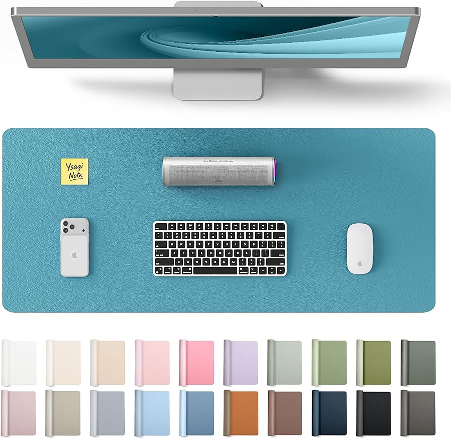 YSAGi Leather Desk Pad Protector, Office Desk Mat, Large Mouse Pad, Non-Slip PU Leather Desk Blotter, Laptop Desk Pad, Waterproof Desk Writing Pad for Office and Home (Turquoise, 23.6" x 13.8")