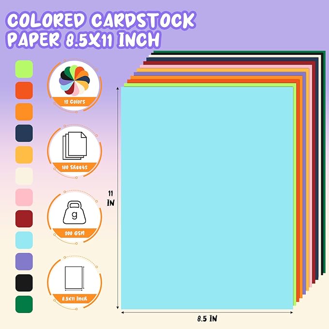 180 Sheets Colored Cardstock Paper 8.5 x 11, 12 Colors Construction Paper, Colored Cardstock Printer Paper 8.5 x 11, 200 GSM Colored Card Stock Paper for Printing, DIY Crafts, Card Making