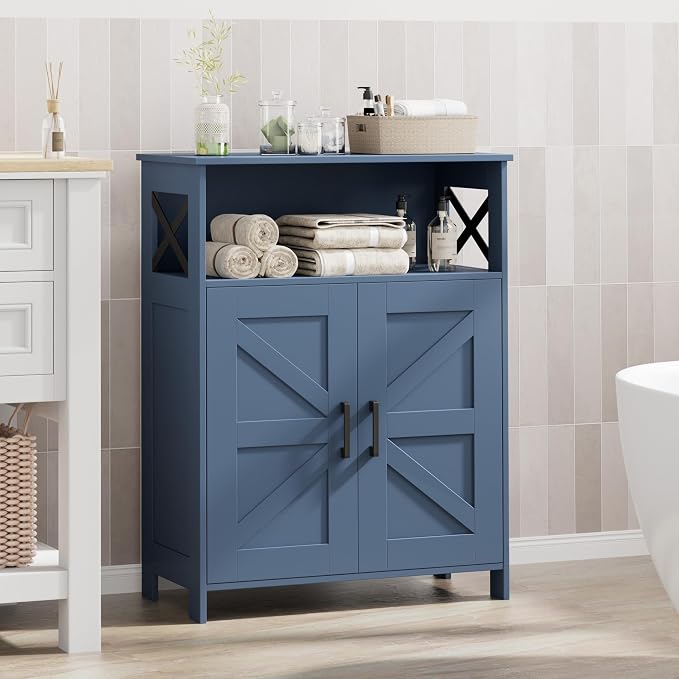 Homhedy Farmhouse Bathroom Storage Cabinet with Doors, Small Floor Cabinet | Toilet Paper Cabinet with Adjustable Shelf, Freestanding Storage Cabinet for Kitchen/Laundry/Living Room, 24"W, Blue