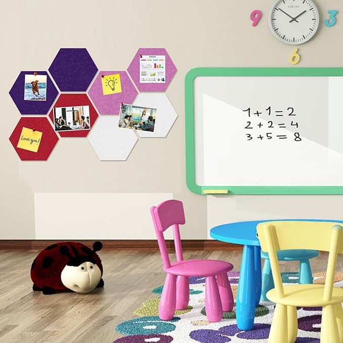 Large Hexagon Felt Cork Board Tiles, Self Adhesive DIY Felt Bulletin Board Pin Board with 35 Pushpins for Office School Home Wall Decor(Purple+Light Purple+Deep Red)
