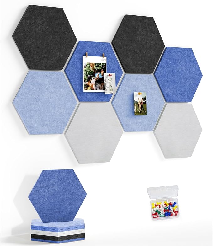 8-Pack Hexagon Felt Bulletin Board Tiles, Cork Board Alternative | For students and teachers creating vision boards in homes, offices, dorms or classrooms; includes 30 push pins.