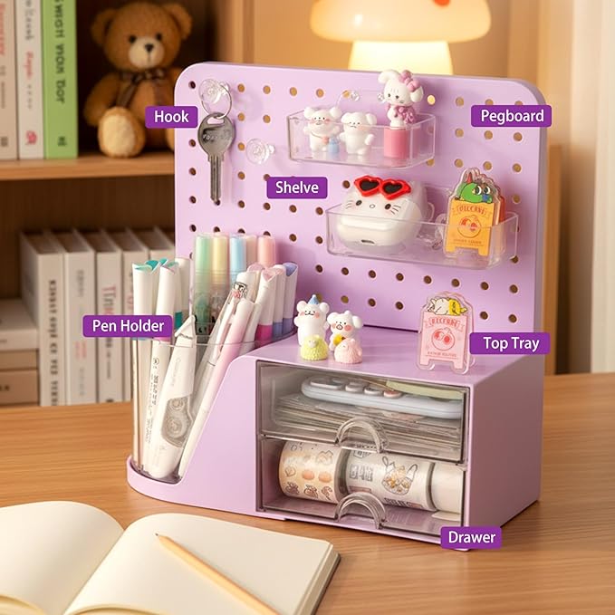 Comix Desk Organizer with 2 Drawer, Multifunctional Pen Holder for Desk, Desktop Organizer with Pegboard + Drawer + 5 Slots Pencil Holder for Office Home Art Supplies (Purple)