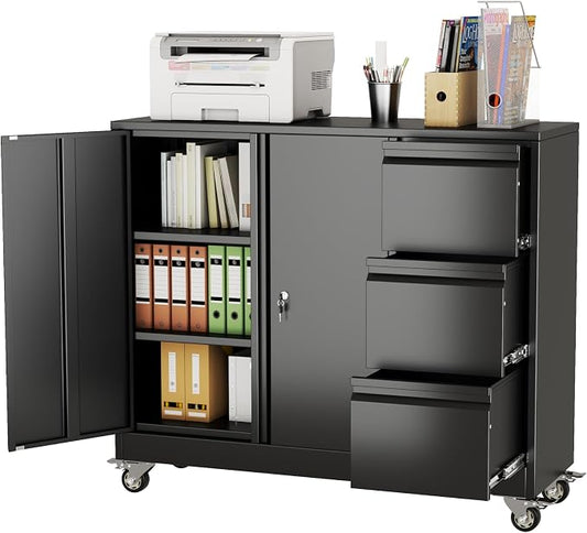 3 Drawer File Cabinet, Office Mobile Filing Cabinet, Printer Stand | All-in-One Office Storage, 3 Storage Drawers, 2 Adjustable Shelves, Lockable Cabinet, 4 Casters, 46.5-Inch Top