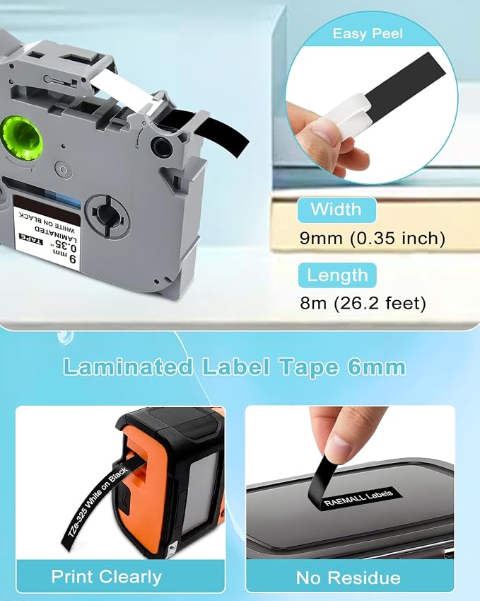 9mm 0.35" Laminated Black Label Tape Relpace for Brother TZe-325 Refills | White on Black, 3/8 Inch x 26.2 Feet, Compatible with Brother P Touch Label Maker PT-H110 PT-D202 PT-D210, 6 Pack