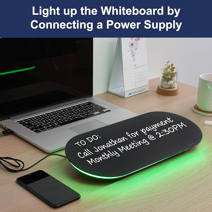 Glass Desktop Whiteboard - 17 X 7 Inches Black Board Green Light | Glass Surface/Notepad with 1 Drawer/ Desk Organizers/ for Office, Home, School Supplies