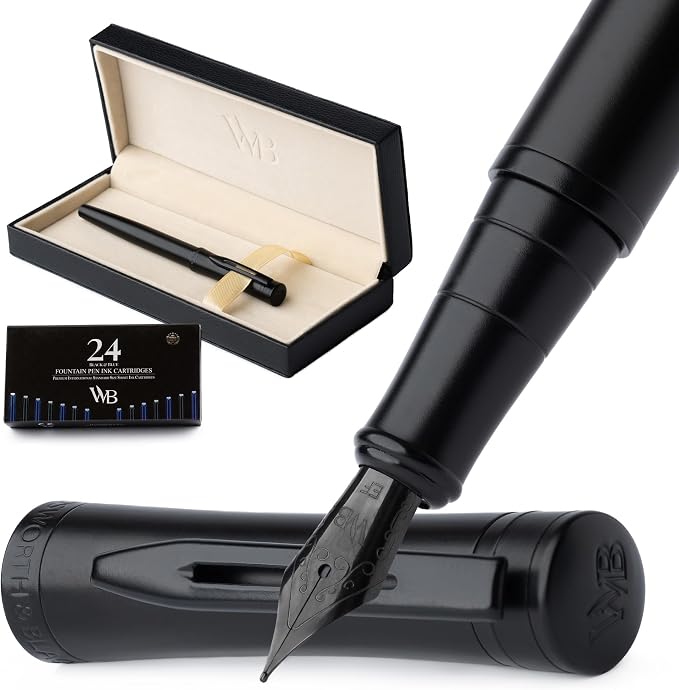 Wordsworth & Black Fountain Pen Set for Writing, Extra Fine Nib, All Black | Gift for Men & Women, Brass Body, German Iridium, Calligraphy, Converter + 24 Ink Cartridges, Refillable, Leak-Free