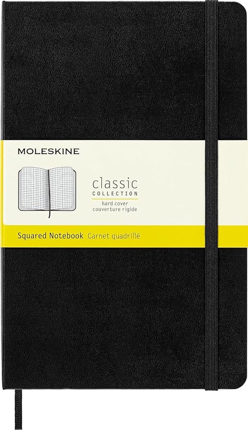 Moleskine Classic Notebook, Large, Squared, Black, Hard Cover (5 x 8.25) | Large 5" x 8.25" notebook with 240 grid pages for diagrams, notes, planning, graphing, and technical work.