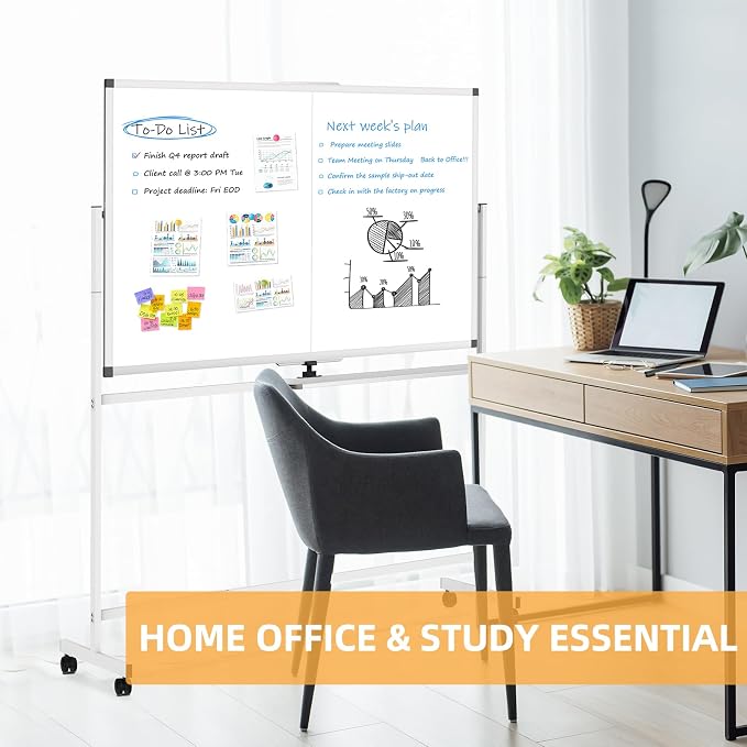 Rolling Dry Erase Whiteboard with Stand, 48" x 36" White Board on Wheels | Double-Sided Reversible, 4' x 3' Magnetic Standing Whiteboard, Mobile Portable Board for Office School Home Classroom