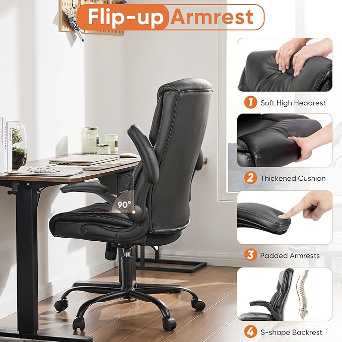 Sweetcrispy Computer Desk Chair, Lumbar Support Video Game Chair PU Leather | High Back Heavy Duty Task Desk, Flip-up Arms, Rolling Wheels, PU Leather, Inky