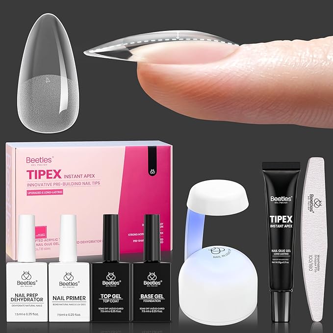 Beetles Tipex Instant Apex Nail Tips Kit with Dehydrator & Primer, Medium Almond, 224PCS 16 Sizes, Reinforced Apex for Strong Long-Lasting Wear, 20g Solid Nail Glue, Mini UV Lamp, Base & Top Coat