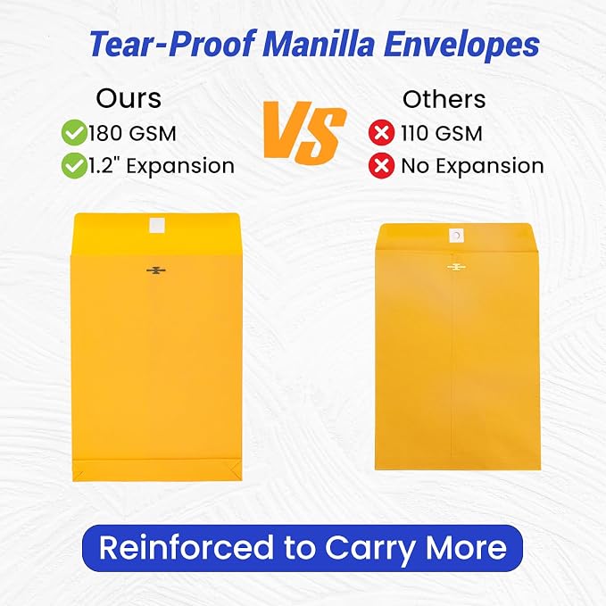 Goefun Manilla Envelopes 10x13, 180 GSM Heavyweight | Expandable, Clasp and Gummed Seal, For Documents, Home, Office, Business Mailing and Storing, 25 Pack