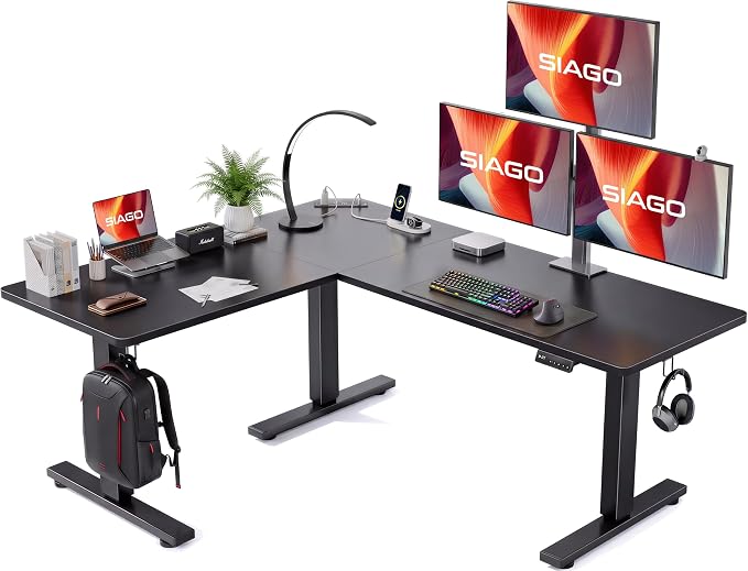 SIAGO 63x55 Inch L-Shaped Standing Desk with Charging Station Corner Desk | Adjustable L Shape Corner Computer Desk with Memory Controller, Splice Board Ergonomic Sit Stand Workstation for Home Office