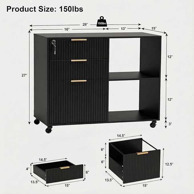 3 Drawer Fluted Mobile Filing Cabinet with Lock, Lateral Rolling Under Desk File Cabinet, Wooden Printer Stand Table for Home Office Essentials Storage Organization Furniture Letters/A4(Black)