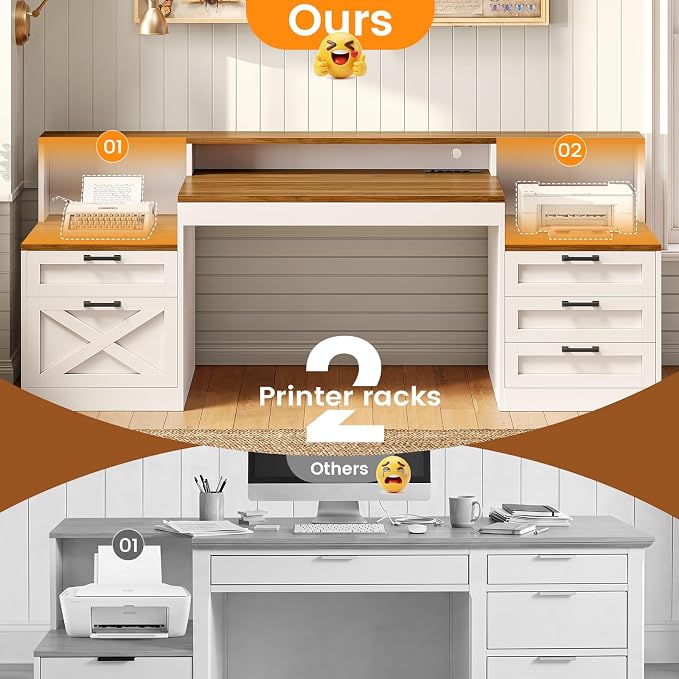 SEDETA 63" Farmhouse Office Desk with 5 Drawers, White and Brown | Executive Computer Desk with LED Lights & Monitor Stand, Wood Home Office Desk with 2 Printer Stand & Power Outlet