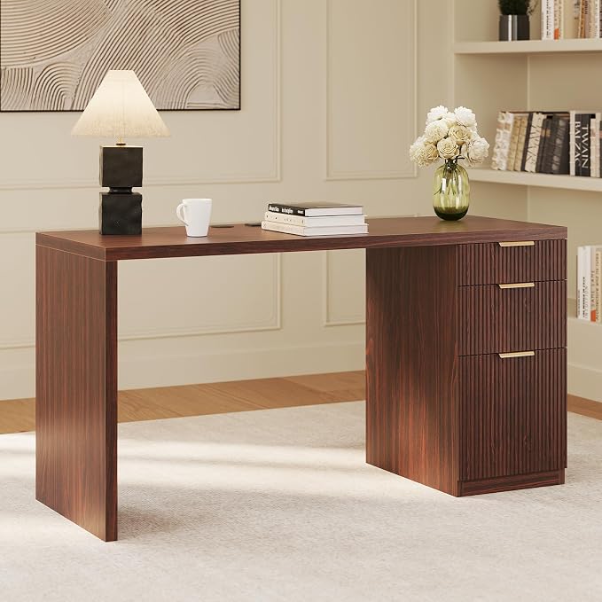 FURSUN 58" Modern Executive Desk with Storage, Home Office Desk with Drawer & Cabinet, Wooden Fluted Desk for Study, Living Room, Bedroom, Dark Walnut