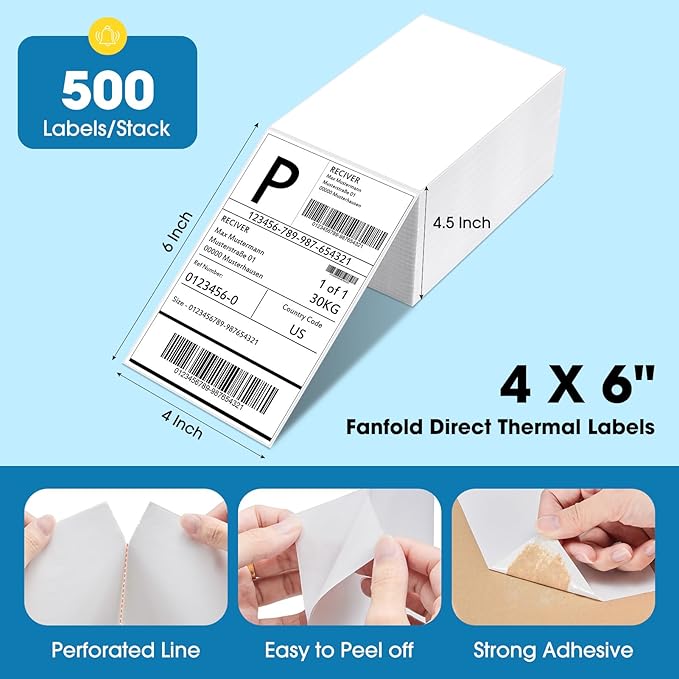 Fuxury Thermal Labels 4x6 500 Labels Fanfold Direct Shipping Label with Perforated and Strong Adhesive Mailing Stickers Paper Thermal Printer Sticker for Most Printer Shipping Supplies
