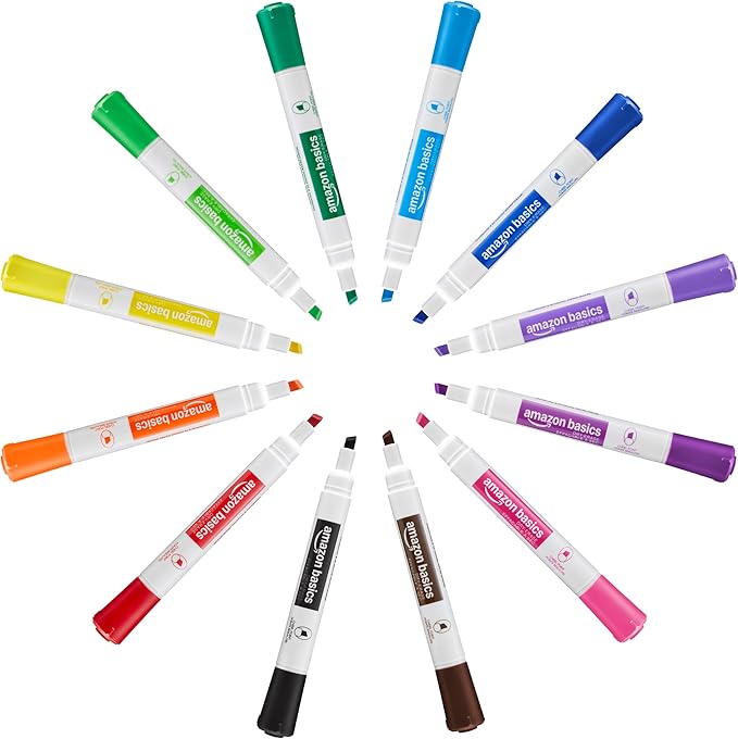 Amazon Basics Low-Odor Dry Erase Whiteboard Markers, Chisel Tip, Quick-Dry, 12 Assorted Colors, 36-Pack