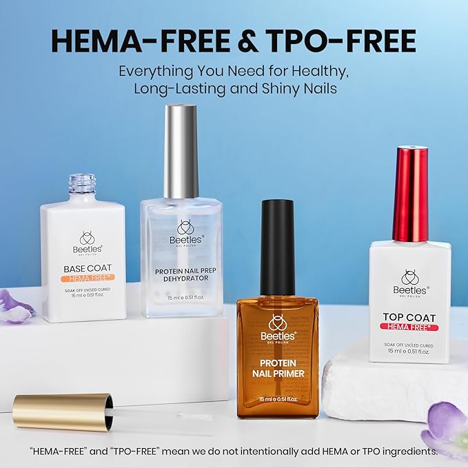 Beetles HEMA Free & TPO Free Protein Nail Dehydrator & Primer with Gel Top Coat and Base Coat Set Soak Off UV LED Gel Nail Polish Foundation Kit for Long Lasting Manicure Gifts