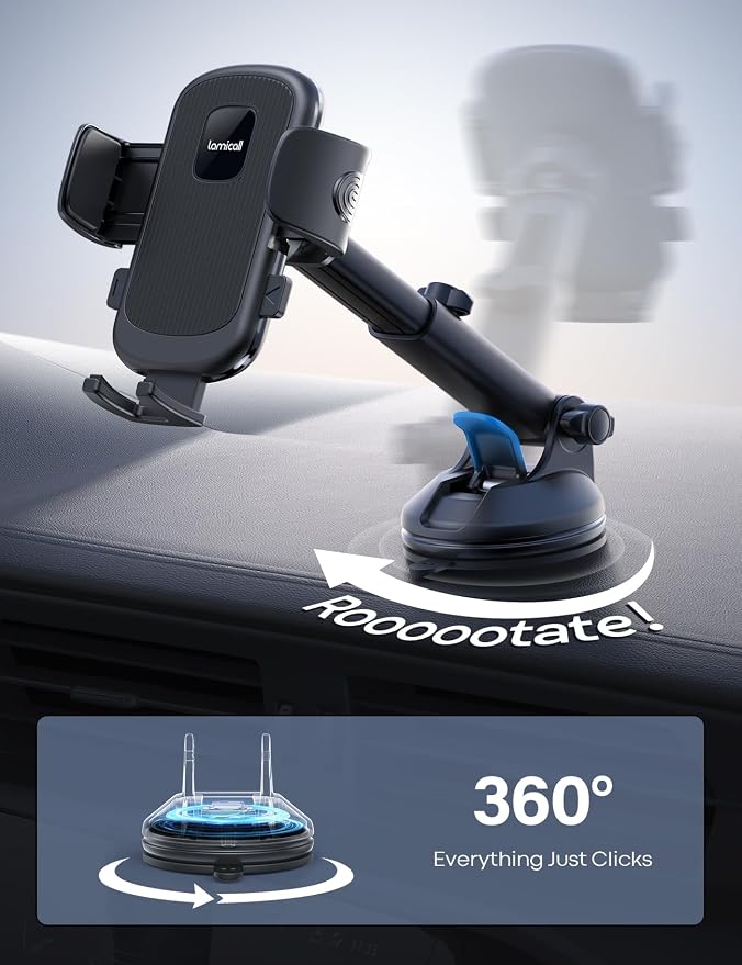 Lamicall Car Phone Holder Military-Grade Suction Cup Dashboard Windshield | 360° Rotation Phone Holders for Your Car, Quick Release Adjustable Phone Mount for Car Truck for iPhone 17 16 15 14 Pro Max