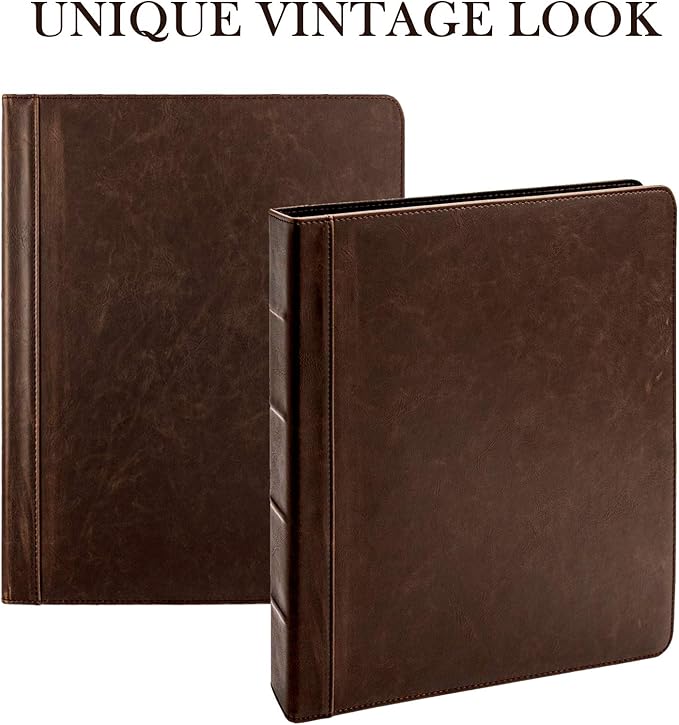 Vintage Professional 3 Ring Binder Organizer, 1-inch Round Rings, 8.5" x 11" Sheet Size, 2 Inner Pockets, 1.6" Spine, Appearance of Antique Brown Leather