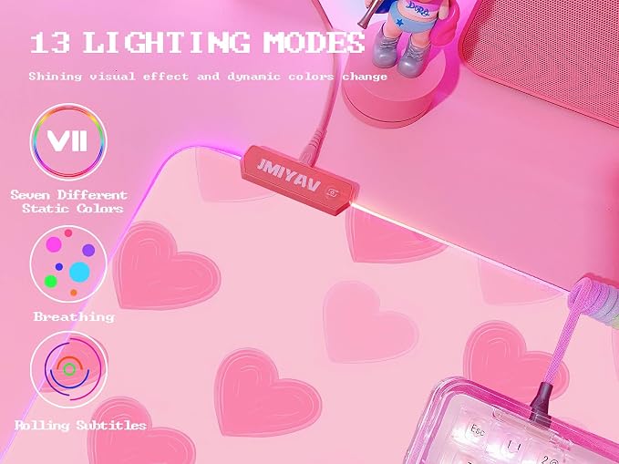 JMIYAV Pink Love Heart RGB Gaming Mouse Pad 31.5x12 Inch Cute Mousepad PC XL Large Extended Glowing Led Light Up Desk Pad Non-Slip Rubber Base Computer Mat Desk Accessories Gaming Setup Sweet Hearts