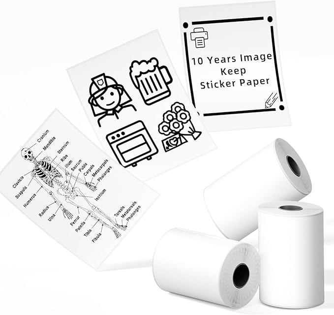Phomemo White Sticker Paper- for Phomemo T02/T02Pro/Q02E/M02X/Y02C/Q02 Mini Printer, for Study Notes, Photo, DIY, Stickers, Image Time 10 Years, Black on White Sticky Paper, 50mm x3.5m, 3 Rolls