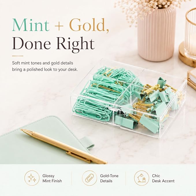 Paper Clips and Binder Clips Set, Green & Gold, Assorted Size Clips