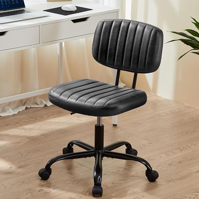 Sweetcrispy Office Desk Chair, Small Home Vanity Chair, Lumbar Support | Armless PU Leather, Height Adjustable Rolling Swivel Task, Bedroom Home Student, Black