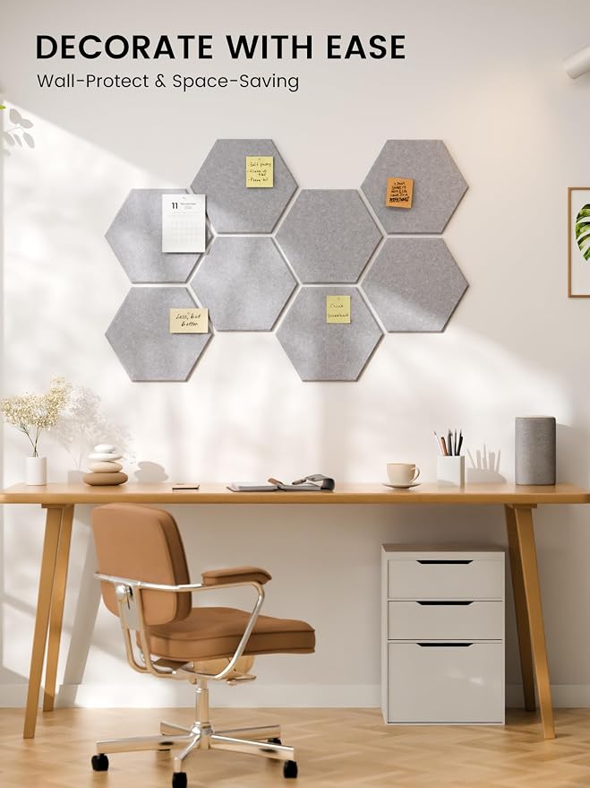 Fluxynara 8-Pack Hexagon Felt Bulletin Board Tiles, Soft Gray-1 | Cork Board Alternative with 50 Adhesive Tabs for Notes, Photos and Reminders in Home Offices, Dorm and Classrooms