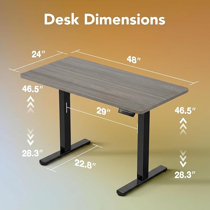 HUANUO 48x24 Inch Electric Standing Desk, Height Adjustable, Grey | 176 Lbs Capacity, Smooth Home Office Desk, 4 Memory Presets & Headphone Hooks, 28.3–46.5 Inch Height Range, Easy to assemble