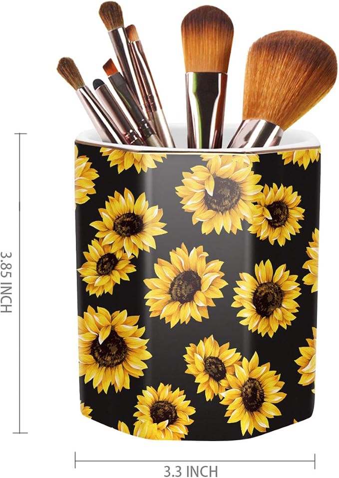 Pen Holder, Pencil Holder for Desk Floral Pattern Pencil Cup for Girls Kids Durable Ceramic Desk Organizer Makeup Brush Holder for Office, Classroom, Home, Sunflower
