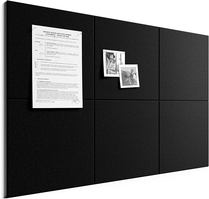 Bumusty 36"x 24" Large Felt Bulletin Board Tiles, Black | 6-Pack Cork Board Alternative, Wall Decor, 30 Pushpins, 30 Adhesive Tabs, Vision Board, Office, Classroom, Home, Dorm
