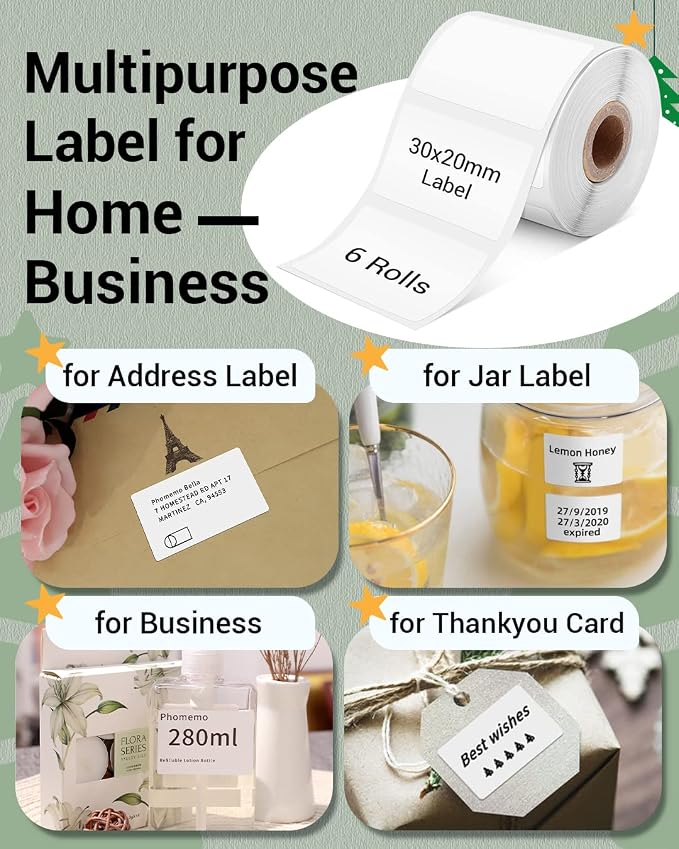 Phomemo Labels 6 Rolls,1.18" x 0.79", Use for M110/M100/M220/M108,1800 PCS | 30×20mm Square Thermal Stickers Labels for Kids & School, Barcode, Logo, Business, Home,Organization, Peptide Vial, White
