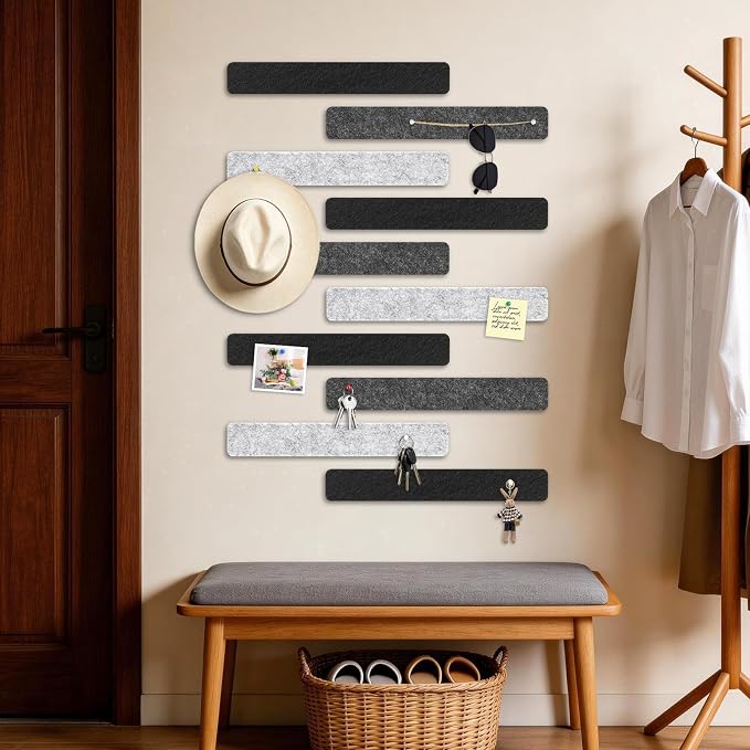 DOLLAR BOSS 10-Pack 13"x2" Felt Board Strips, Classic Grayscale | Small Cork Board for Walls, Alternative Bulletin Pin Board, Bar Strip, For Office Home Door Fridge, Includes 40 Pins
