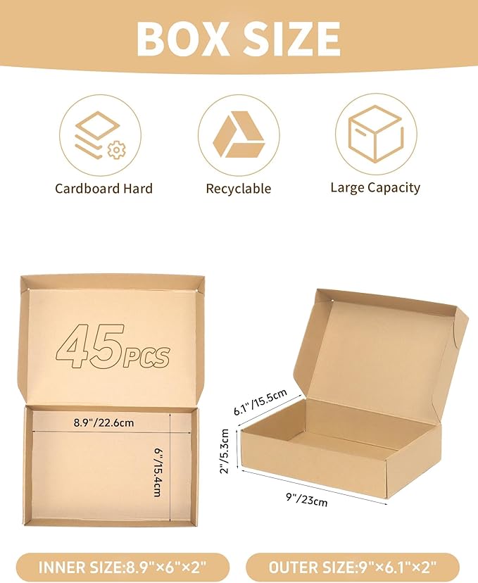 45 Pack Small Shipping Boxes, 9x6x2 Inch Brown Cardboard Boxes for Small Business