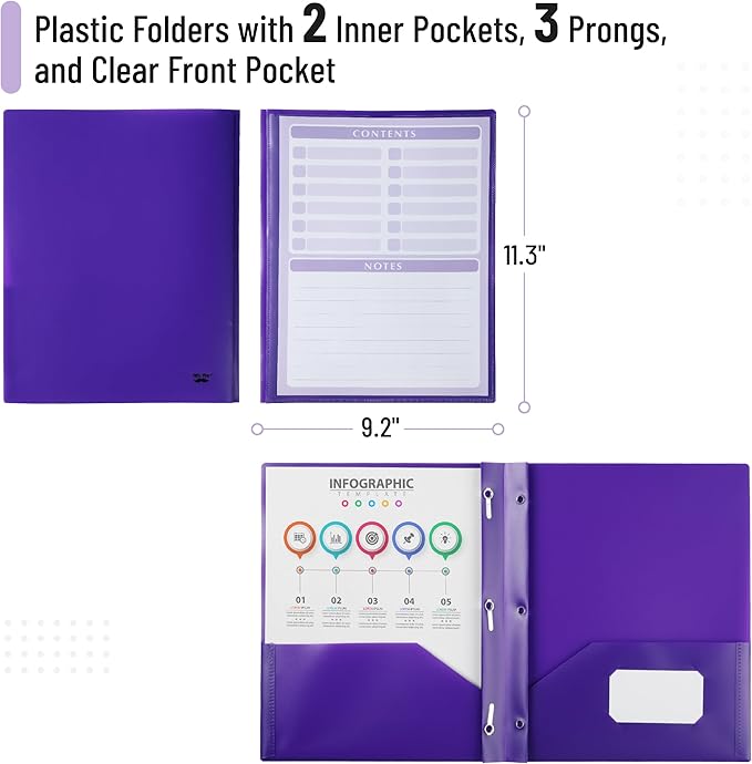 Mr. Pen- Plastic Folders with Pockets and Prongs, 24 Pack, Letter Size, Purple, Flexible Plastic Folders with Prongs, Clear Front Pocket and Card Slot
