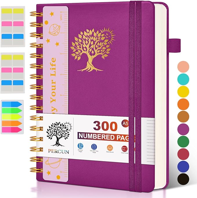Spiral Notebook Journal for Women Men, 300 Numbered Lined Pages, College Ruled, A5 Hardcover Spiral Bound Notebook for School, Work, Note Taking Writing, Leather Spiral Journal Medium 5.9"x8.5"