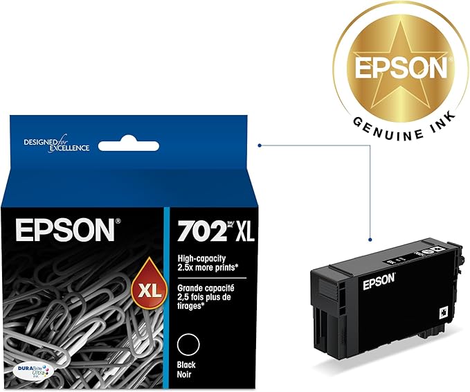 EPSON 702 DURABrite Ultra Ink High Capacity Black Cartridge (T702XL120-S) Works with WorkForce Pro WF-3720, 3730, 3733