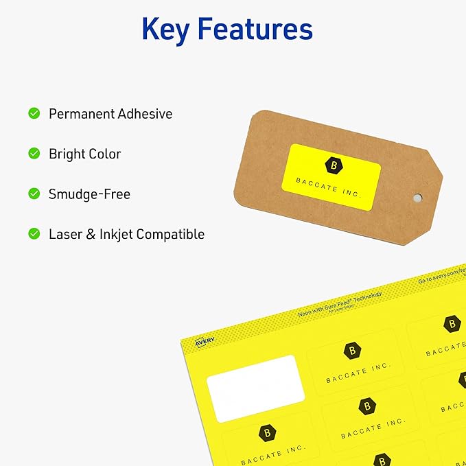 Avery Printable Address Labels with Sure Feed, 1" x 2-5/8", Neon Yellow, Laser & Inkjet Compatible, 750 Blank Labels Total, Great for Branding, Mailing, Organizing, and More (5972)