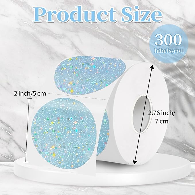 2''Holographic Thermal Label,Round Self-Adhesive Direct Thermal Label,Thermal Stickers for DIY Logo Design,Name Tag (300/Roll Blue Starry Sky