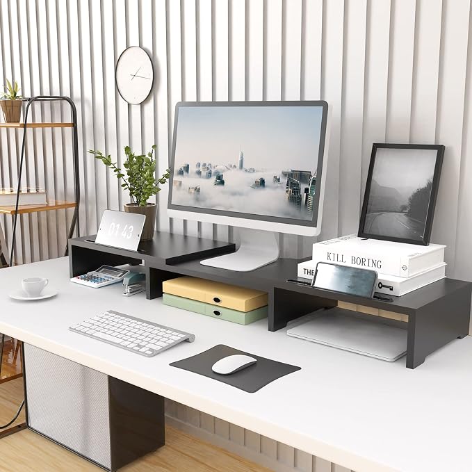WALI Dual Monitor Stand Riser, 3 Shelf Laptop and Computer Monitor Stand with Phone Holder, Length and Angle Adjustable Desk Organizer (PTT007T-B), Black | 3 Shelf Laptop and Computer Monitor Stand, Length and Angle Adjustable Desk Organizer (PTT007T-B...