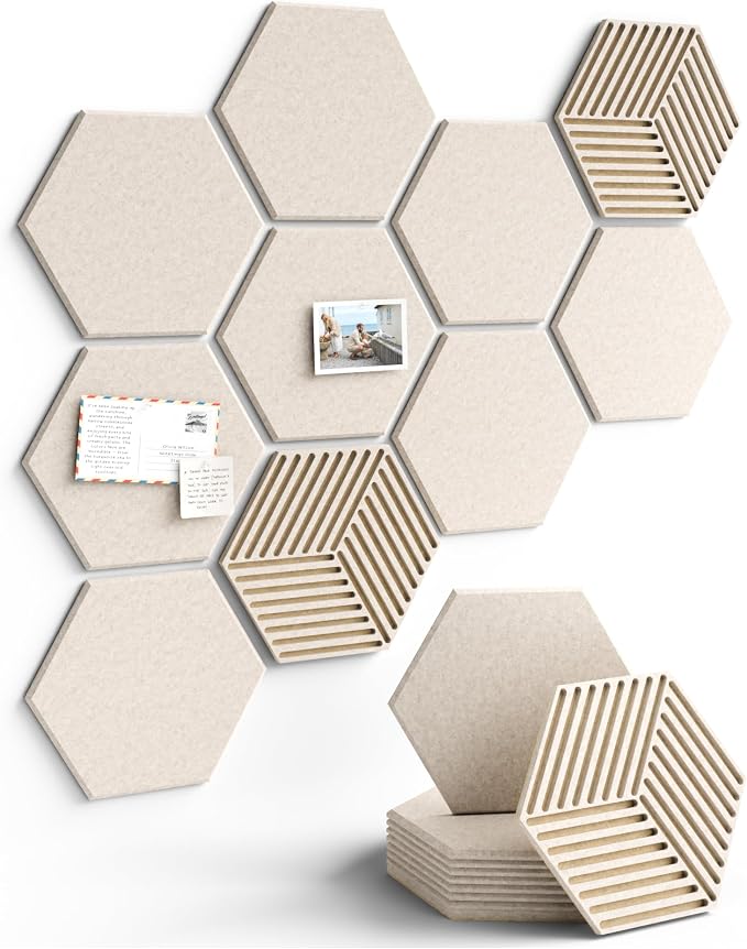 Fluxynara 10-Pack Hexagon Felt Bulletin Board Tiles, Oatmeal | Cork Board Alternative for Wall Decor and Vision Boards, with 50 Adhesive Tabs for Home, Office, Classroom or Dorm.